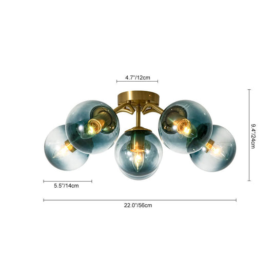 Pendantlightie - Modern Mid - Century Gradient Blue Glass Globe Sputnik Semi Ceiling Light - Semi Flush Mount - Brass - 6Lt