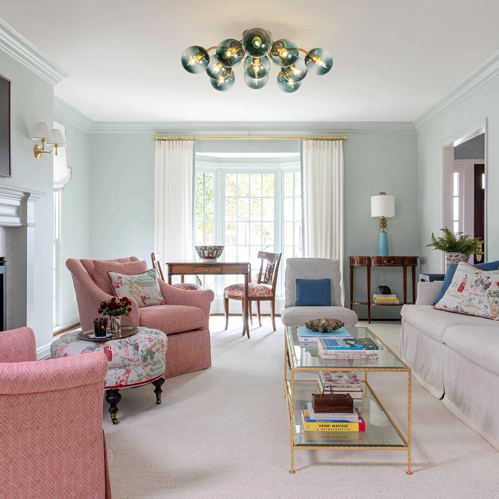 Pendantlightie - Modern Mid - Century Gradient Blue Glass Globe Sputnik Semi Ceiling Light - Semi Flush Mount - Brass - 6Lt