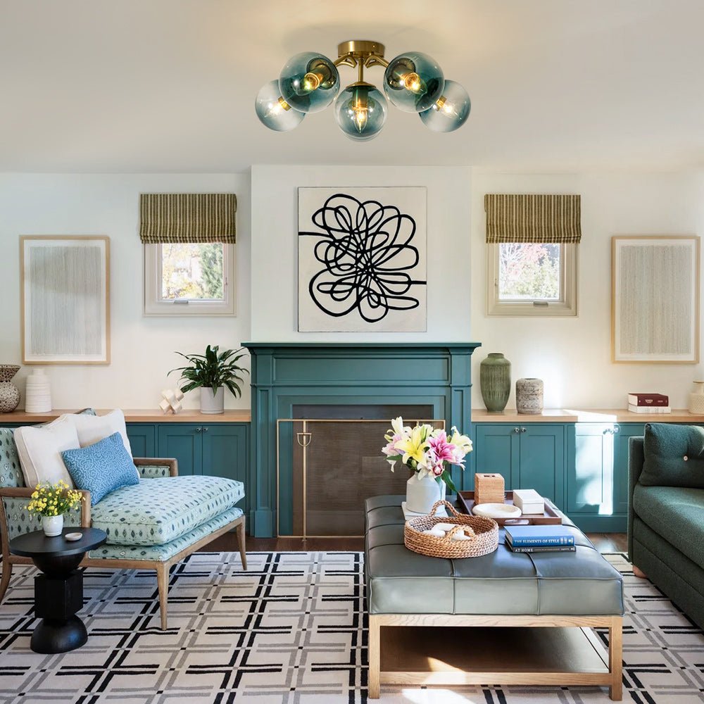 Pendantlightie - Modern Mid - Century Gradient Blue Glass Globe Sputnik Semi Ceiling Light - Semi Flush Mount - Brass - 6Lt