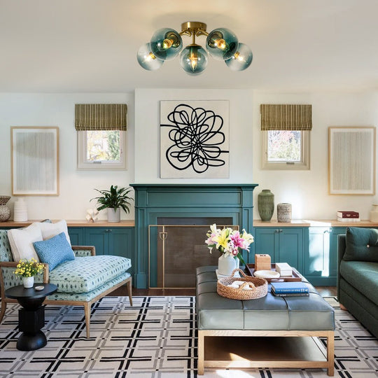 Pendantlightie - Modern Mid - Century Gradient Blue Glass Globe Sputnik Semi Ceiling Light - Semi Flush Mount - Brass - 6Lt