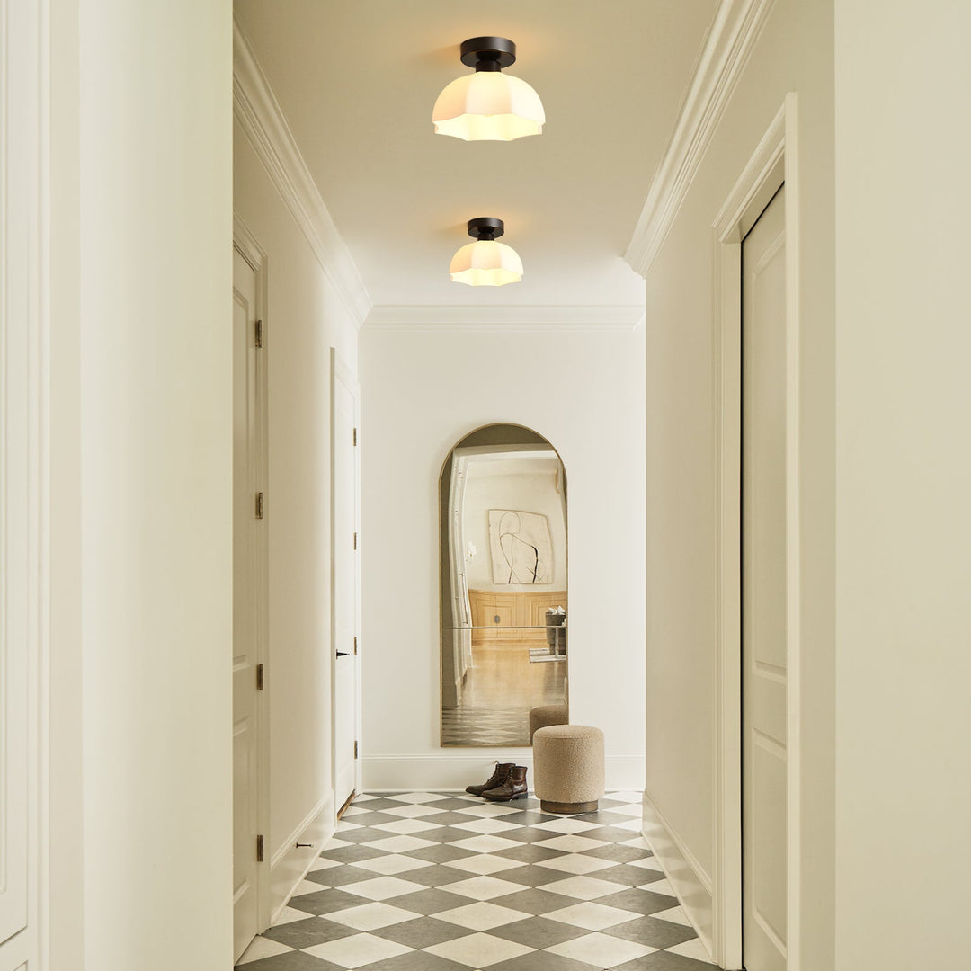 Pendantlightie-Modern Minimalist 1-Light Scalloped White Dome Shade Ceiling Light-Semi Flush Mount-Black-