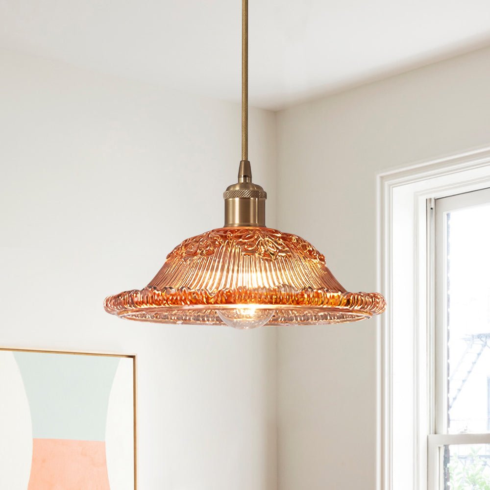 Pendantlightie - Modern Retro 1 - Light Floral Motifs Ribbed Dome Shape Glass Pendant Light - Pendants - Amber - 