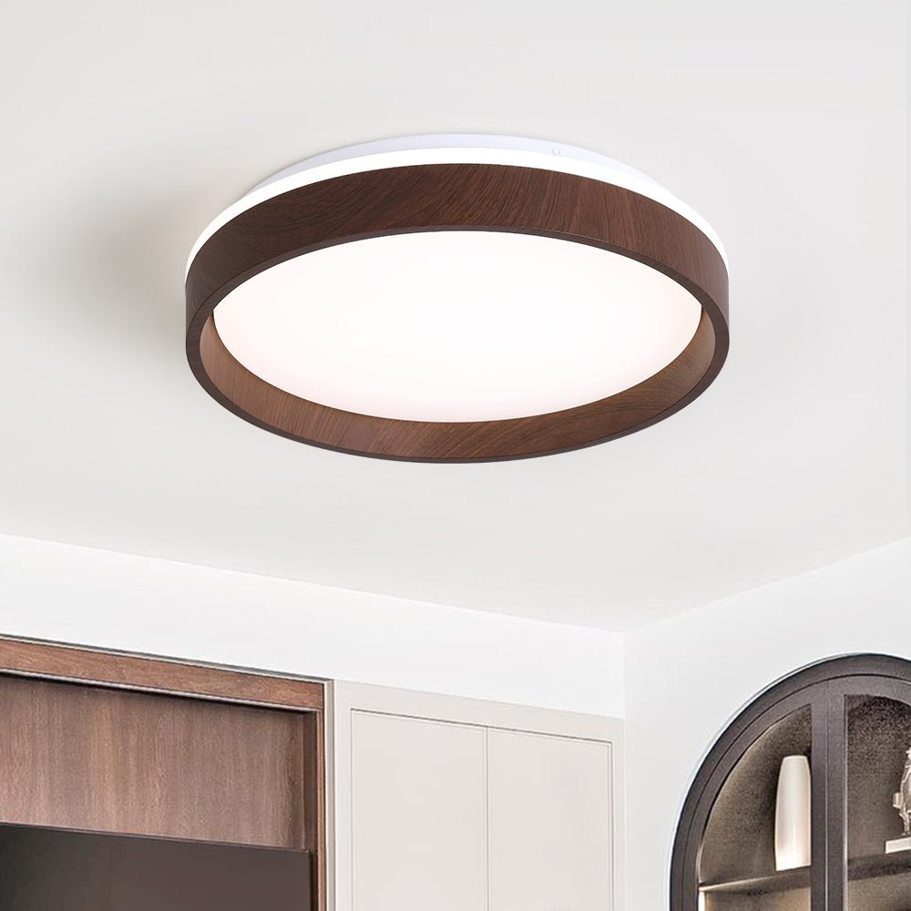 Pendantlightie-Modern Walnut Wooden Textured Round Led Ceiling Light-Flush Mount-Cool White Light-