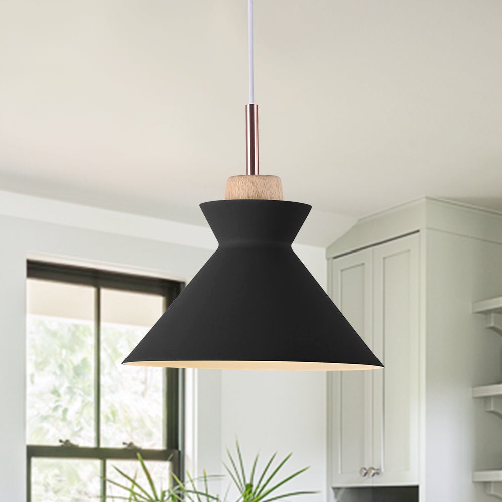 Pendantlightie - Nordic 1 - Light Creamy Wood Accents Cone Pendant Light For Kitchen - Pendants - Black - 