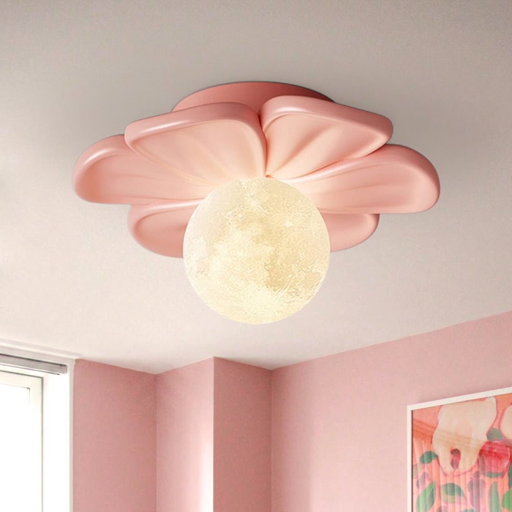 Pendantlightie - Nordic 1 - Light Moon Globe Creamy Flower Resin Semi Flush Mount - Semi Flush Mount - Pink - 