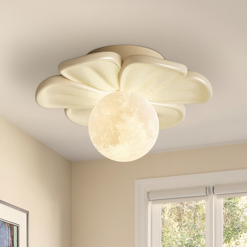 Pendantlightie - Nordic 1 - Light Moon Globe Creamy Flower Resin Semi Flush Mount - Semi Flush Mount - White - 