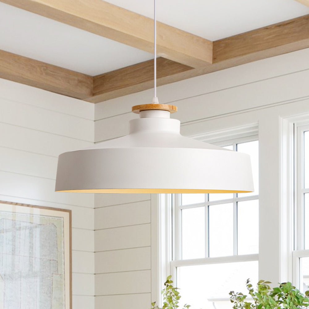 Pendantlightie - Nordic 1 - Light Wood Accents Flat Dome Pendant Light For Kitchen Island - Pendants - White - 