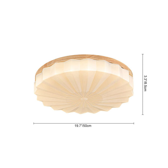 Pendantlightie - Nordic 3 - Color Scalloped Pleated Flower Wood Round LED Ceiling Light - Flush Mount - Medium (50CM) - Natural