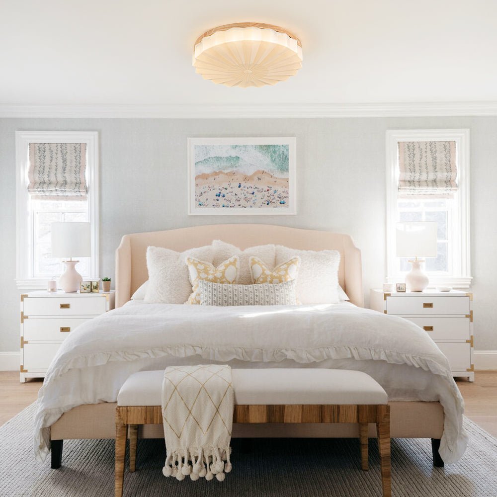 Pendantlightie - Nordic 3 - Color Scalloped Pleated Flower Wood Round LED Ceiling Light - Flush Mount - Medium (50CM) - Natural