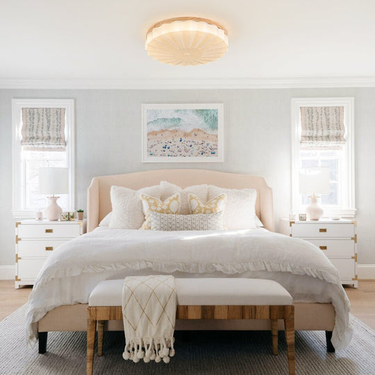 Pendantlightie - Nordic 3 - Color Scalloped Pleated Flower Wood Round LED Ceiling Light - Flush Mount - Medium (50CM) - Natural