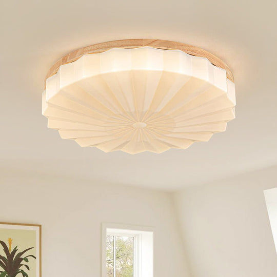 Pendantlightie - Nordic 3 - Color Scalloped Pleated Flower Wood Round LED Ceiling Light - Flush Mount - Small (40CM) - Natural