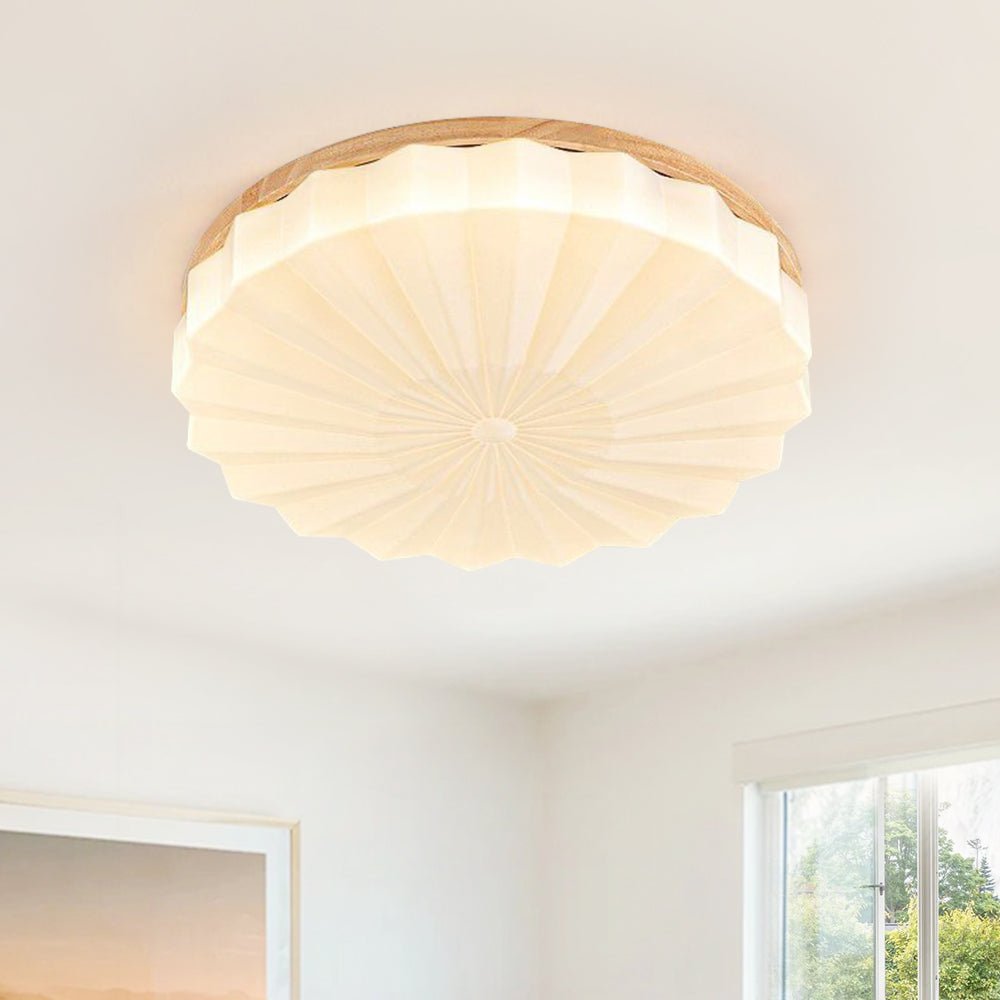 Pendantlightie - Nordic 3 - Color Scalloped Pleated Flower Wood Round LED Ceiling Light - Flush Mount - Small (40CM) - Natural