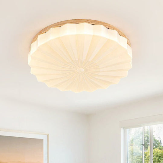 Pendantlightie - Nordic 3 - Color Scalloped Pleated Flower Wood Round LED Ceiling Light - Flush Mount - Small (40CM) - Natural