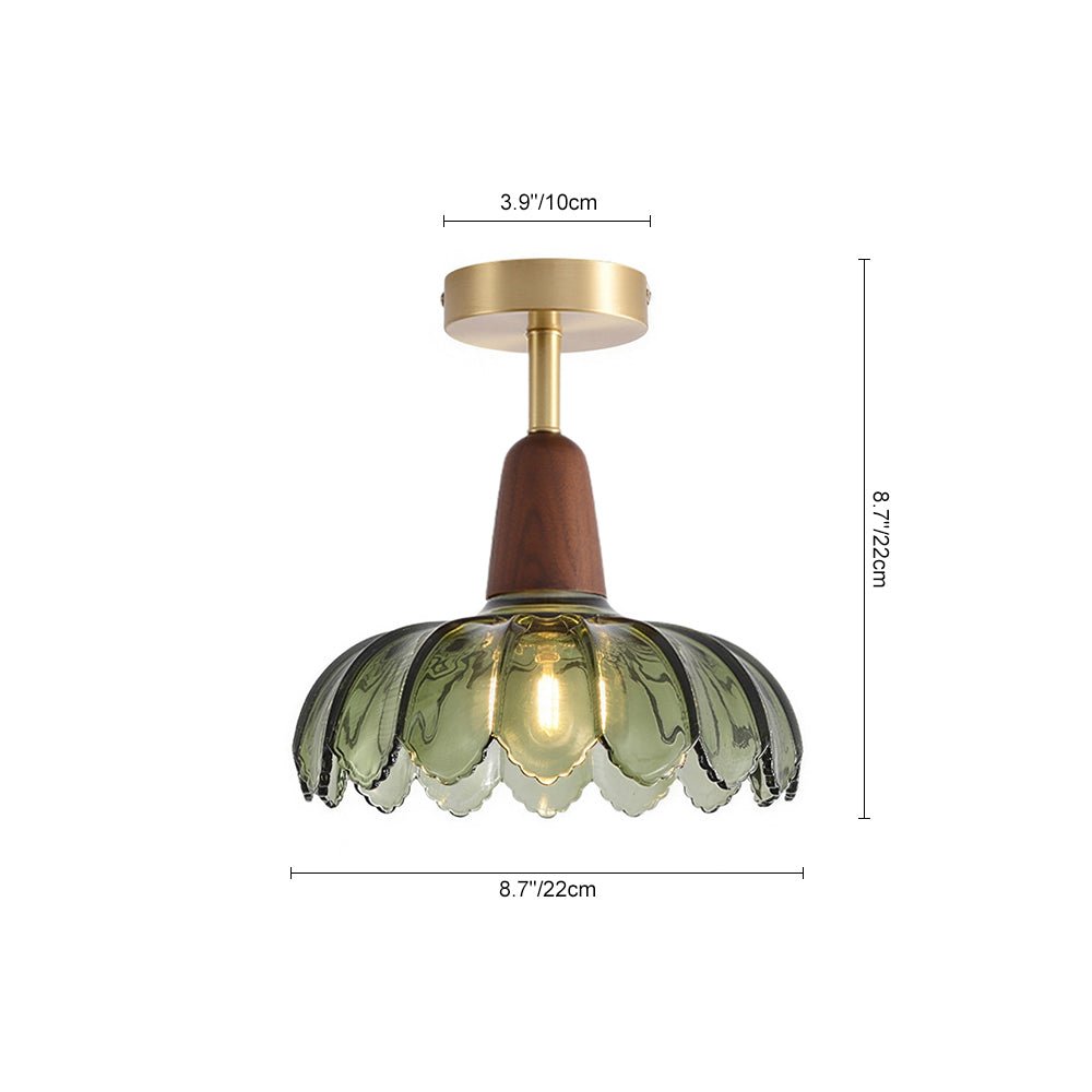 Pendantlightie-Retro 1-Light Green Flower Glass Semi Ceiling Light With Wood Accents-Semi Flush Mount-Green-