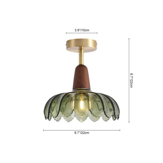 Pendantlightie-Retro 1-Light Green Flower Glass Semi Ceiling Light With Wood Accents-Semi Flush Mount-Green-