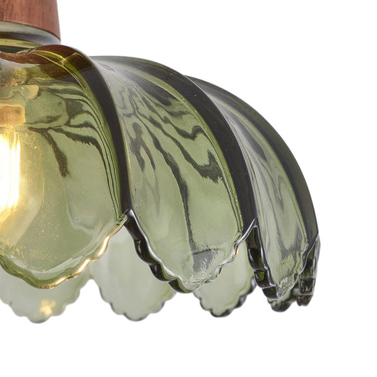 Pendantlightie-Retro 1-Light Green Flower Glass Semi Ceiling Light With Wood Accents-Semi Flush Mount-Green-