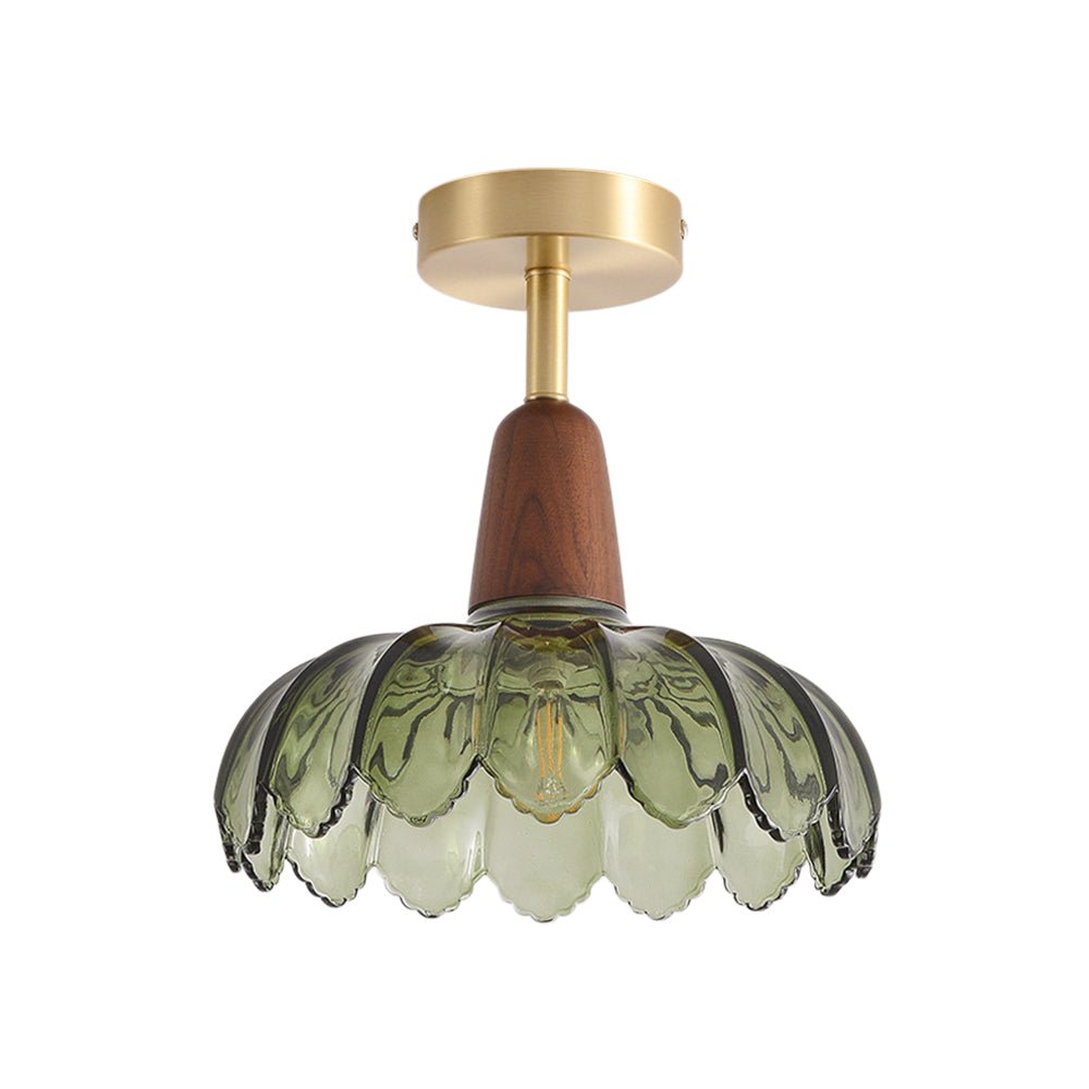 Pendantlightie-Retro 1-Light Green Flower Glass Semi Ceiling Light With Wood Accents-Semi Flush Mount-Green-