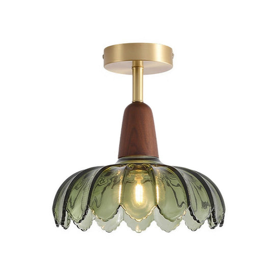 Pendantlightie-Retro 1-Light Green Flower Glass Semi Ceiling Light With Wood Accents-Semi Flush Mount-Green-