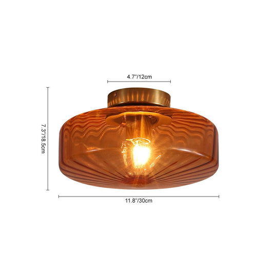 Pendantlightie - Retro 1 - Light Ribbed Schoolhouse Glass Drum Semi Ceiling Light - Semi Flush Mount - Amber - 