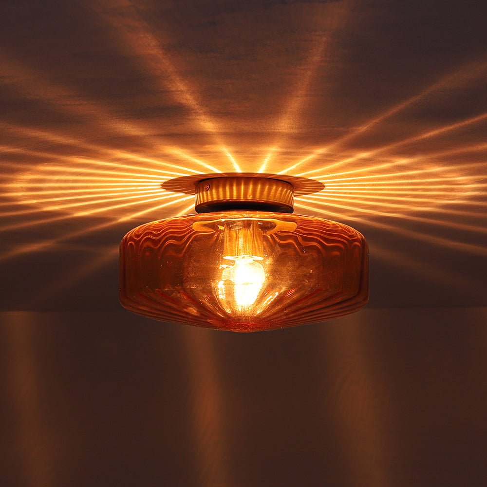 Pendantlightie - Retro 1 - Light Ribbed Schoolhouse Glass Drum Semi Ceiling Light - Semi Flush Mount - Amber - 