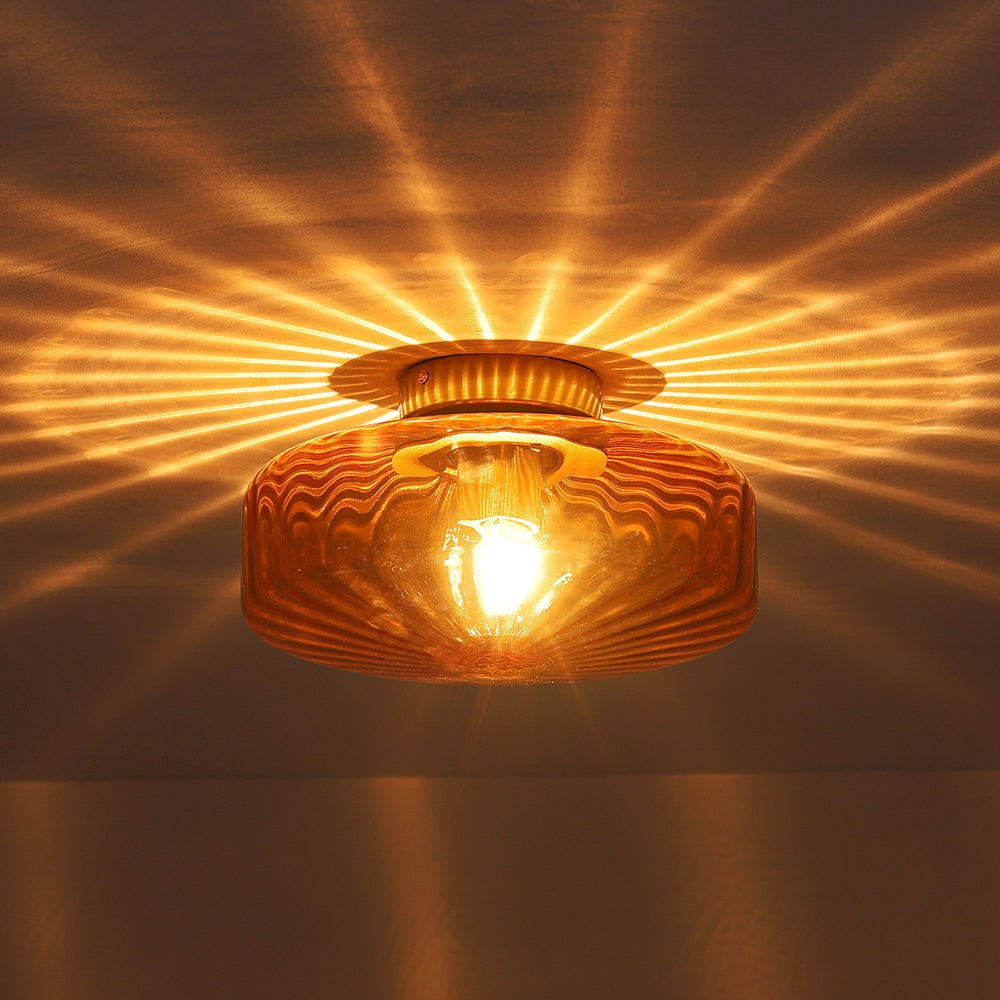 Pendantlightie - Retro 1 - Light Ribbed Schoolhouse Glass Drum Semi Ceiling Light - Semi Flush Mount - Amber - 