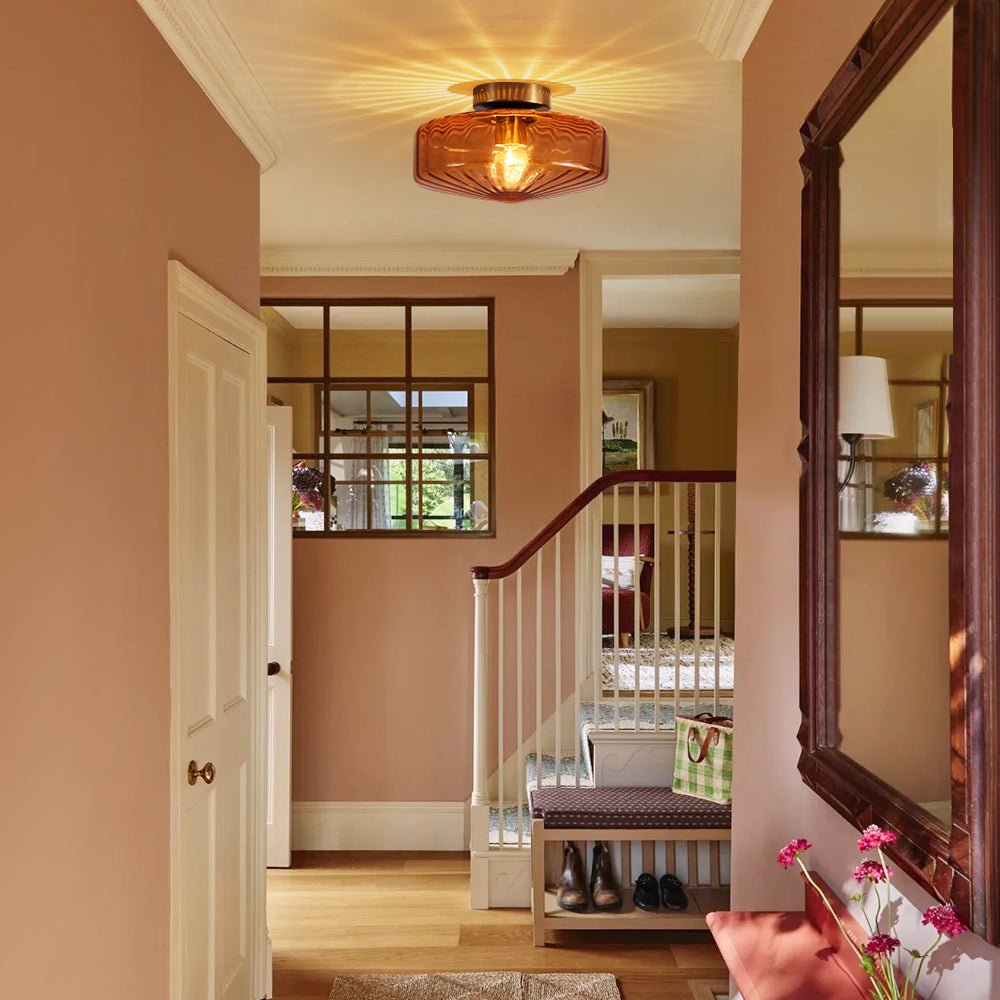 Pendantlightie - Retro 1 - Light Ribbed Schoolhouse Glass Drum Semi Ceiling Light - Semi Flush Mount - Amber - 
