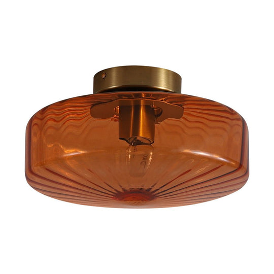 Pendantlightie - Retro 1 - Light Ribbed Schoolhouse Glass Drum Semi Ceiling Light - Semi Flush Mount - Amber - 
