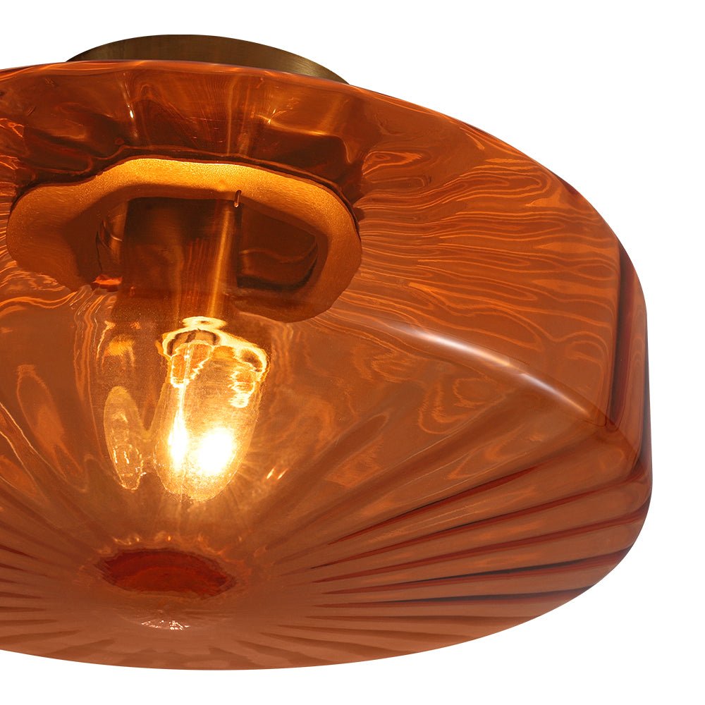 Pendantlightie - Retro 1 - Light Ribbed Schoolhouse Glass Drum Semi Ceiling Light - Semi Flush Mount - Amber - 