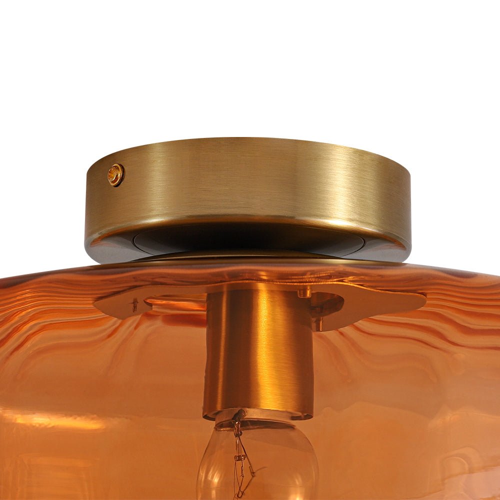 Pendantlightie - Retro 1 - Light Ribbed Schoolhouse Glass Drum Semi Ceiling Light - Semi Flush Mount - Amber - 