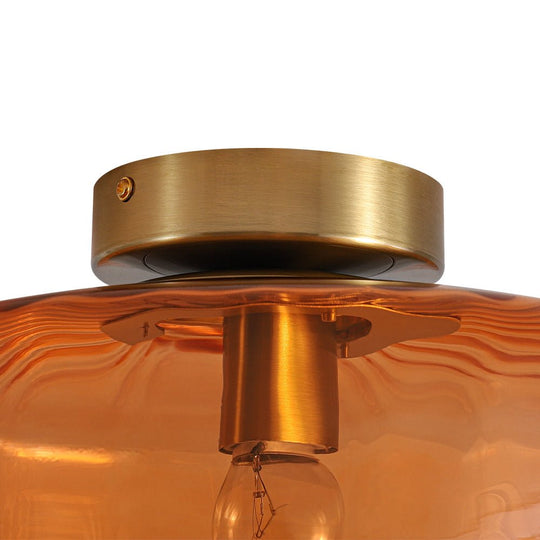 Pendantlightie - Retro 1 - Light Ribbed Schoolhouse Glass Drum Semi Ceiling Light - Semi Flush Mount - Amber - 