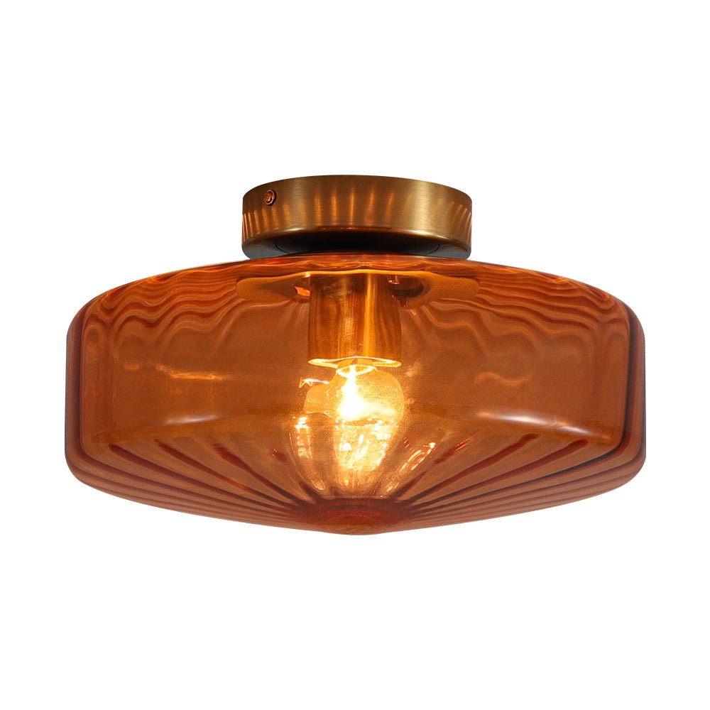 Pendantlightie - Retro 1 - Light Ribbed Schoolhouse Glass Drum Semi Ceiling Light - Semi Flush Mount - Amber - 