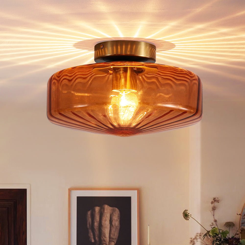 Pendantlightie - Retro 1 - Light Ribbed Schoolhouse Glass Drum Semi Ceiling Light - Semi Flush Mount - Amber - 