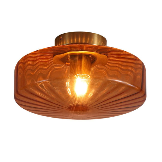 Pendantlightie - Retro 1 - Light Ribbed Schoolhouse Glass Drum Semi Ceiling Light - Semi Flush Mount - Amber - 