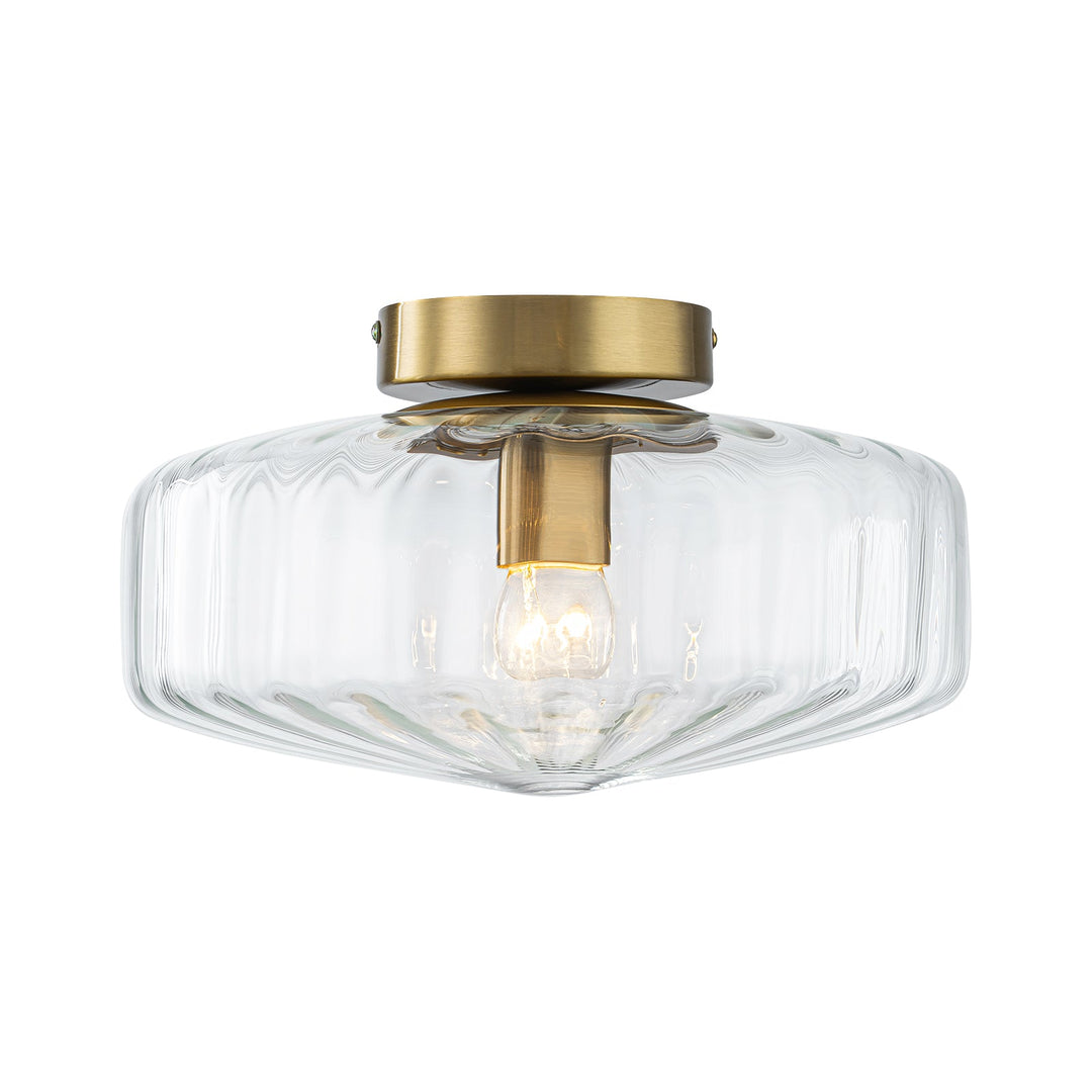 Pendantlightie-Retro 1-Light Ribbed Schoolhouse Glass Drum Semi Ceiling Light-Semi Flush Mount-Clear-