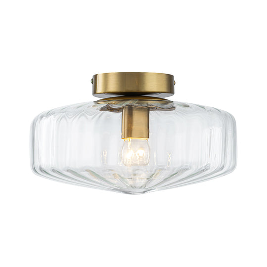 Pendantlightie-Retro 1-Light Ribbed Schoolhouse Glass Drum Semi Ceiling Light-Semi Flush Mount-Clear-