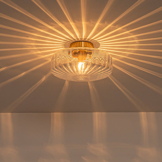 Pendantlightie-Retro 1-Light Ribbed Schoolhouse Glass Drum Semi Ceiling Light-Semi Flush Mount-Clear-