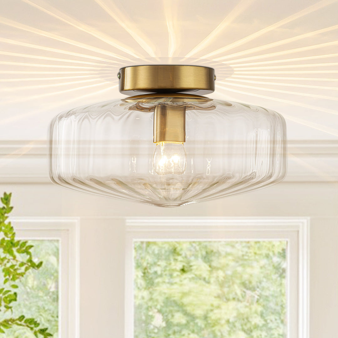 Pendantlightie-Retro 1-Light Ribbed Schoolhouse Glass Drum Semi Ceiling Light-Semi Flush Mount-Clear-