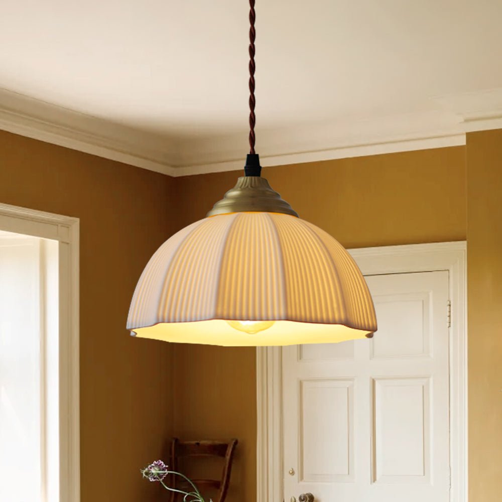 Pendantlightie - Retro Cream 1 - Light Pleated Design White Ceramic Dome Pendant Light - Pendants - B - 