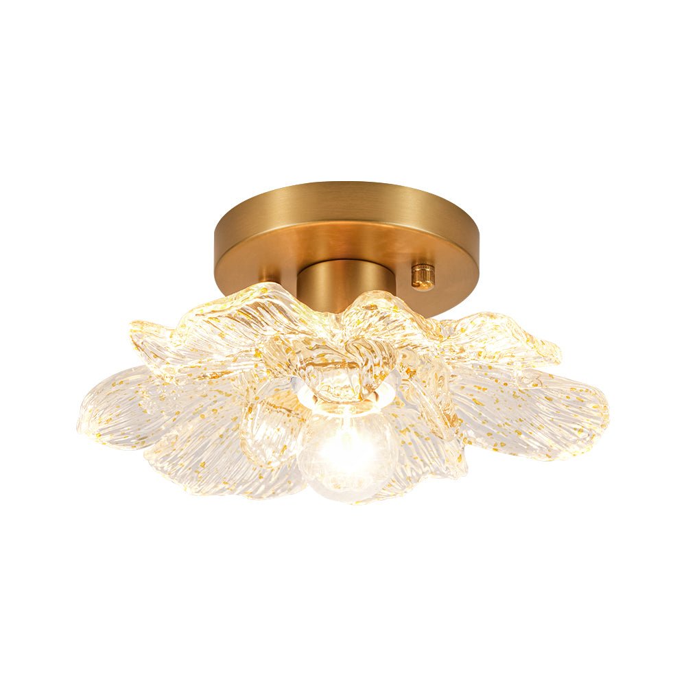 Pendantlightie-Retro French 1-Light Gold Flecks Peony Petal Glass Semi Flush Mount-Semi Flush Mount-Gold-