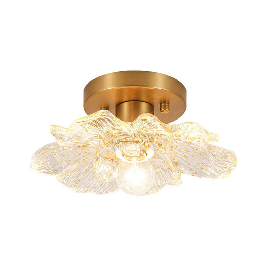 Pendantlightie-Retro French 1-Light Gold Flecks Peony Petal Glass Semi Flush Mount-Semi Flush Mount-Gold-