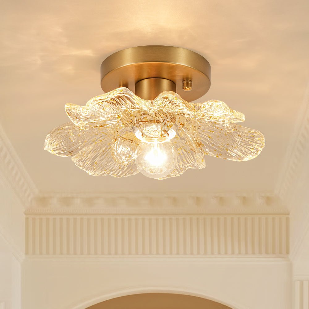 Pendantlightie-Retro French 1-Light Gold Flecks Peony Petal Glass Semi Flush Mount-Semi Flush Mount-Gold-