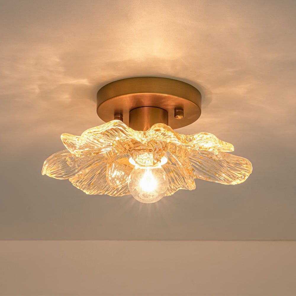 Pendantlightie-Retro French 1-Light Gold Flecks Peony Petal Glass Semi Flush Mount-Semi Flush Mount-Gold-