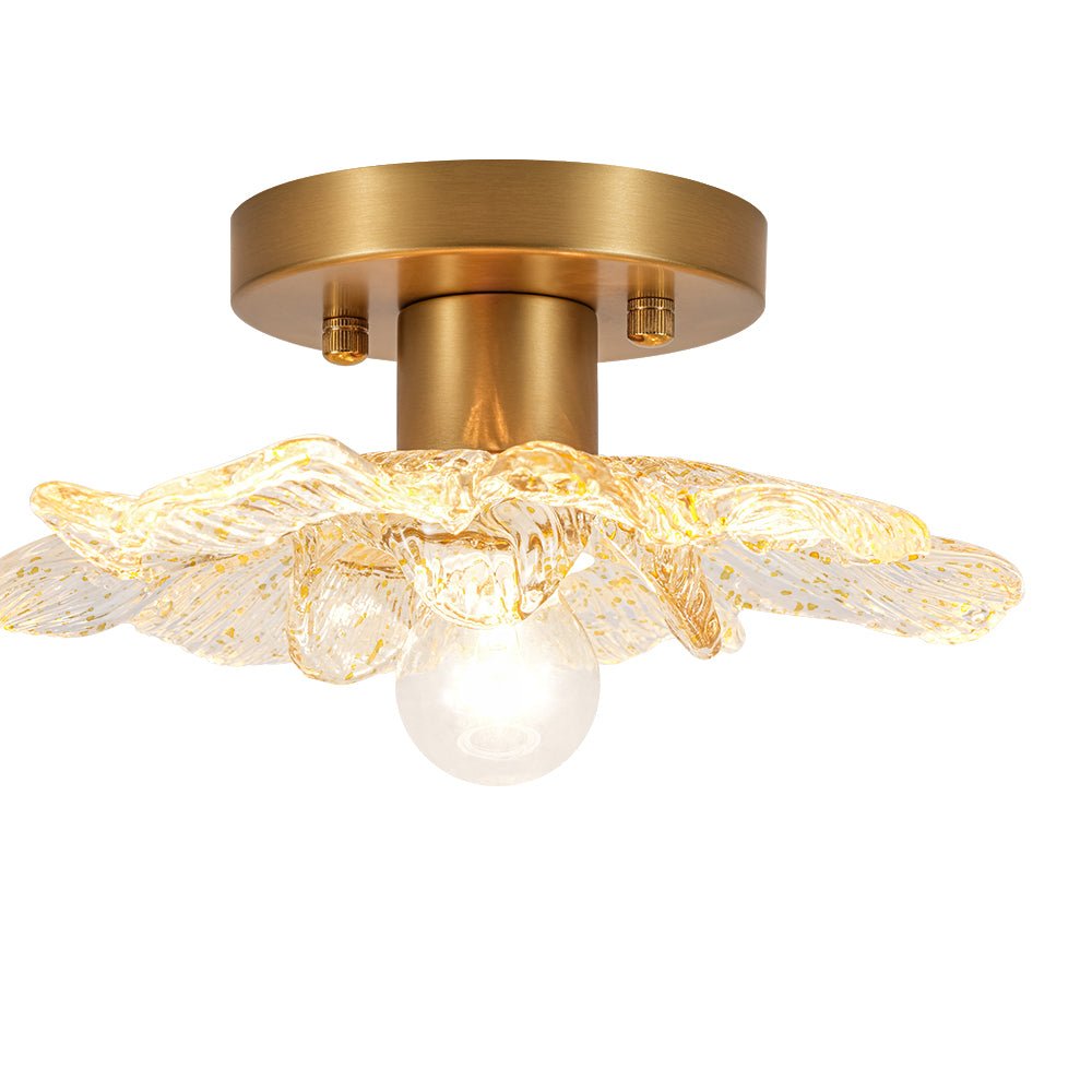 Pendantlightie-Retro French 1-Light Gold Flecks Peony Petal Glass Semi Flush Mount-Semi Flush Mount-Gold-