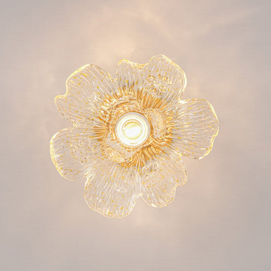 Pendantlightie-Retro French 1-Light Gold Flecks Peony Petal Glass Semi Flush Mount-Semi Flush Mount-Gold-