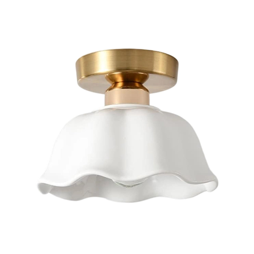Pendantlightie-Retro Minimalist 1-Light Scalloped Flower White Ceramic Ceiling Light-Semi Flush Mount-Black-