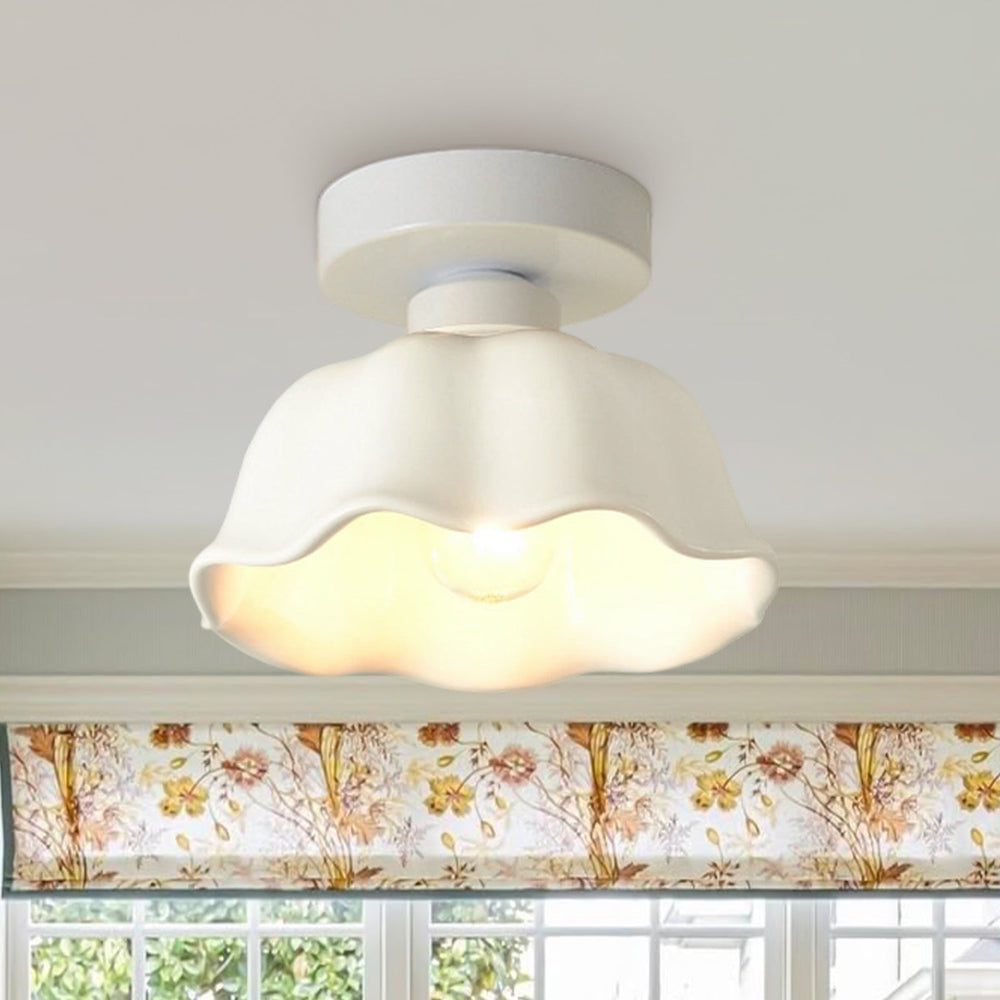 Pendantlightie-Retro Minimalist 1-Light Scalloped Flower White Ceramic Ceiling Light-Semi Flush Mount-White-