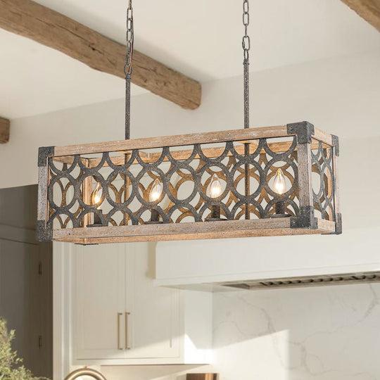 Pendantlightie - Rutsic 4 - Light Grill Frame Wood Kitchen Island Rectangular Chandelier - Chandeliers - 4Lt - 