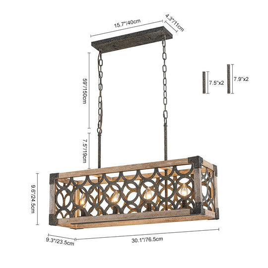 Pendantlightie - Rutsic 4 - Light Grill Frame Wood Kitchen Island Rectangular Chandelier - Chandeliers - 4Lt - 