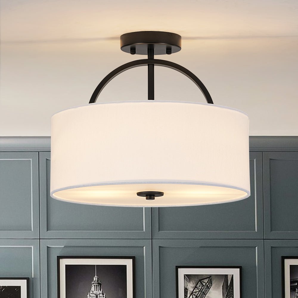 Pendantlightie - Scandinavian 2 - Light Linen Shade Drum Semi Flush Mount - Semi Flush Mount - Black - 