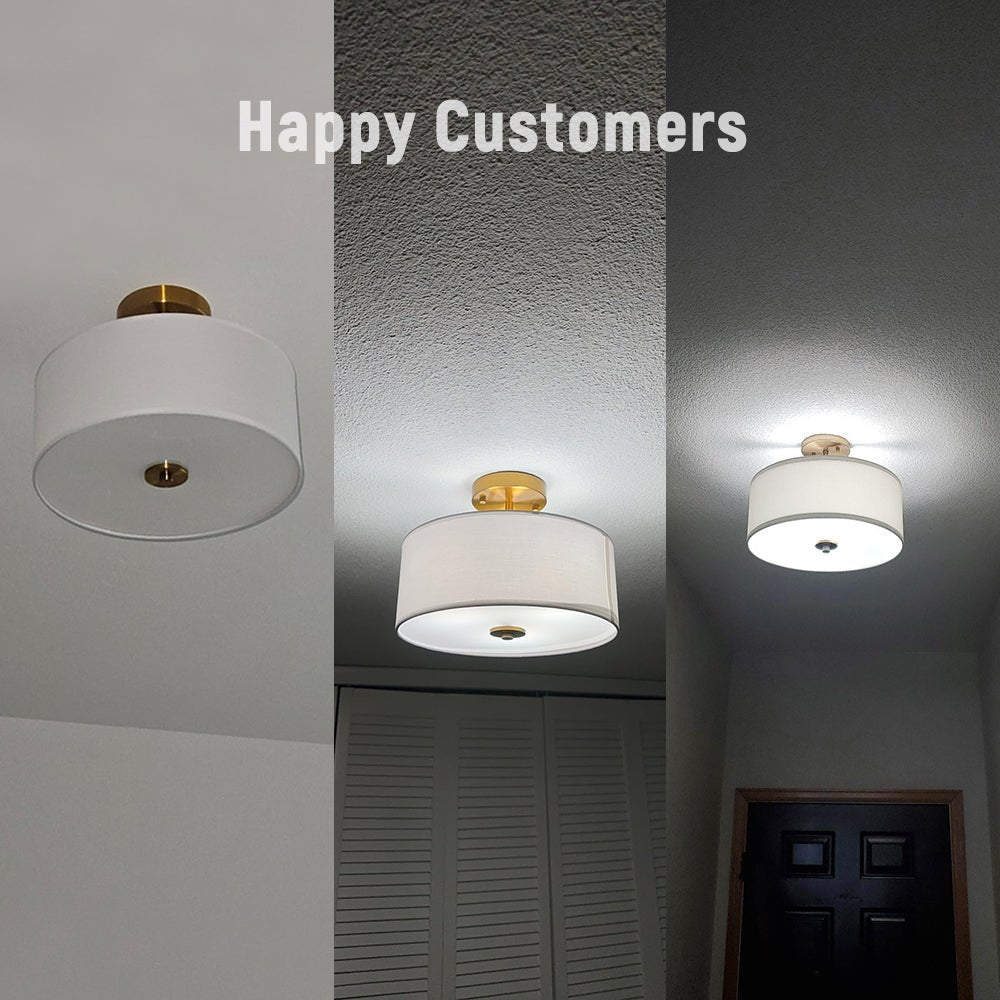 Pendantlightie - Scandinavian 2 - Light Linen Shade Drum Semi Flush Mount - Semi Flush Mount - Brass - 